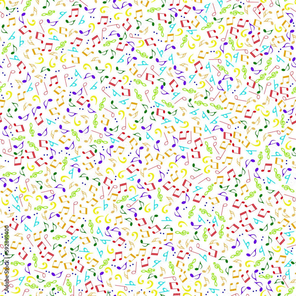 Seamless pattern with notes - illustration. Musical notation white background. Different colored notes. Seamless pattern with notes - illustration. Musical notation white background. Different colored notes.
