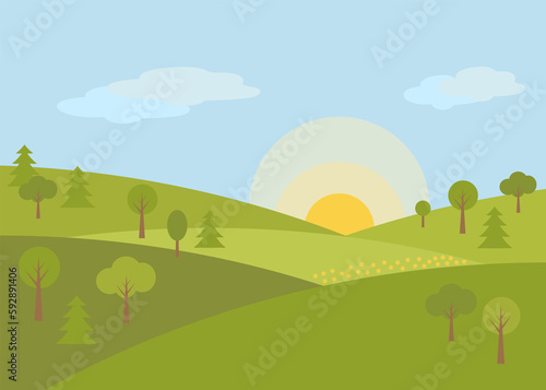 Landscape summer on the hills grow trees, sunrise, green grass- illustration.