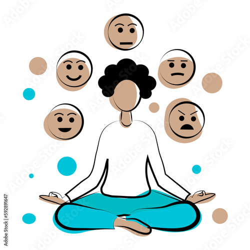 A dark-skinned girl sits in a lotus position and meditates. Vector illustration isolated on white background. Human emotions