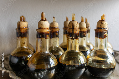 balsamic vinegar of modena aging in barrels for 20 years cruets in restaurants photo