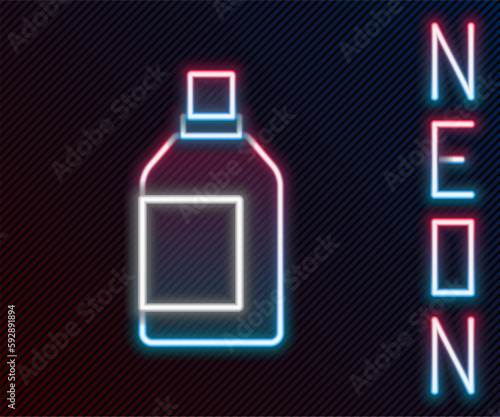 Glowing neon line Plastic bottle for laundry detergent, bleach, dishwashing liquid or another cleaning agent icon isolated on black background. Colorful outline concept. Vector