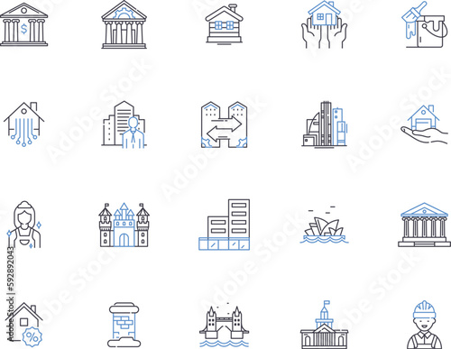 Architecture outline icons collection. Architecture, Structure, Design, Building, Urbanism, Home, Landscape vector and illustration concept set. Infrastructure, Modern, Contemporary linear signs