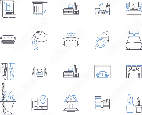 Apartments and accomodation outline icons collection. Accommodation, Apartments, Rentals, Bedsitters, Leases, Suites, Flats vector and illustration concept set. Lodgings, Habitations, Pads linear