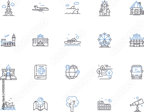 World travel outline icons collection. tourism, journey, trips, explorer, expeditions, wanderlust, cruises vector and illustration concept set. explorer, flight, excursions linear signs