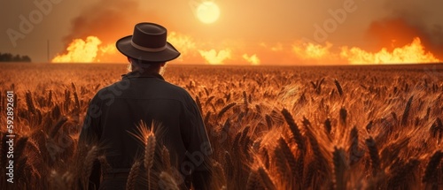 Farmer watches the field burn. Generative AI