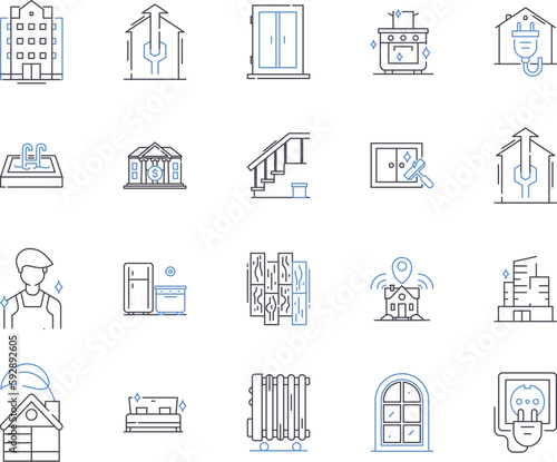 Home repair services outline icons collection. Home repair, Services, Maintenance, Construction, Plumbing, Remodeling, Electrical vector and illustration concept set. Repairing, Painting, Carpentry