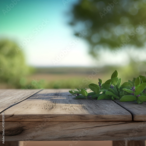 Empty wooden table in the foreground