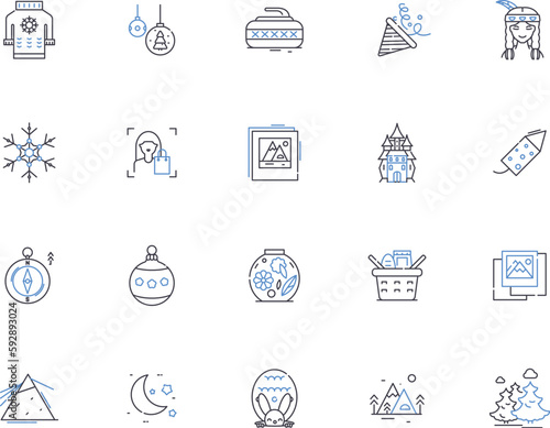 Winter holidays outline icons collection. Christmas, New Year, Snow, Skiing, Reindeer, Elves, Sleigh vector and illustration concept set. Frost, Carols, Hanukkah linear signs