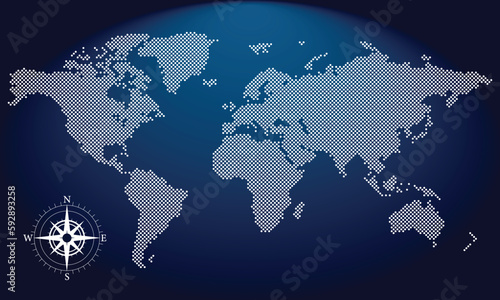 Dotted world map on blue background. World dot map template with continents