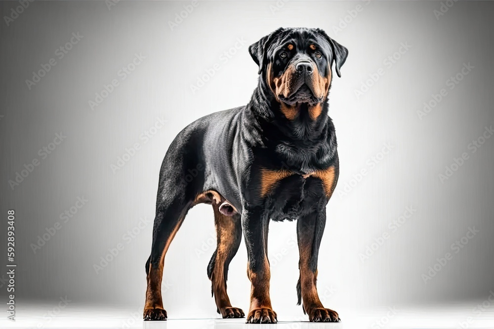 healthy Rottweiler dog standing outdoors alert expression. Great pet or animal care concept. Generative AI healthy Rottweiler dog standing outdoors alert expression. Great pet or animal care concept. Generative AI