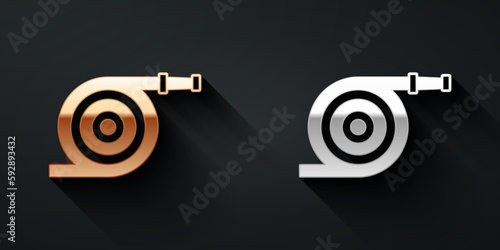 Gold and silver Garden hose icon isolated on black background. Spray gun icon. Watering equipment. Long shadow style. Vector