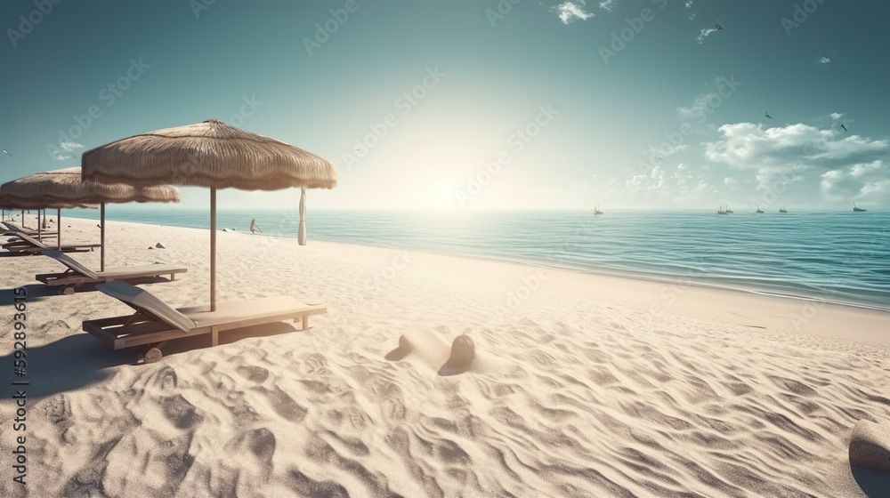 Abstract background with row of sunbeds under umbrellas on sandy beach and ocean view, yachts and blue sky. Summer landscape wallpaper. Horizontal illustration for banner design. Generative AI. Abstract background with row of sunbeds under umbrellas on sandy beach and ocean view, yachts and blue sky. Summer landscape wallpaper. Horizontal illustration for banner design. Generative AI.