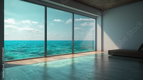 Abstract background with empty living room inside with panoramic window. Summer wallpaper with sea apartment with view of blue sky and ocean. Horizontal illustration for banner design. Generative AI.