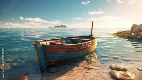 Abstract background with old wooden rowing boat stands on sea shore with clear water and underwater stones. Summer wallpaper with ocean view. Horizontal illustration for banner design. Generative AI.