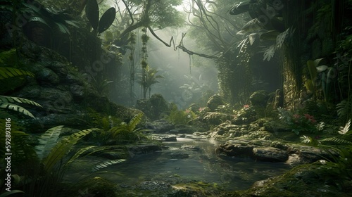 Fototapeta Naklejka Na Ścianę i Meble -  Abstract background with jungle with river, lush greenery, palm trees, ferns, bushes, hanging lianas and tropical plants. Summer wallpaper. Horizontal illustration for banner design. Generative AI.