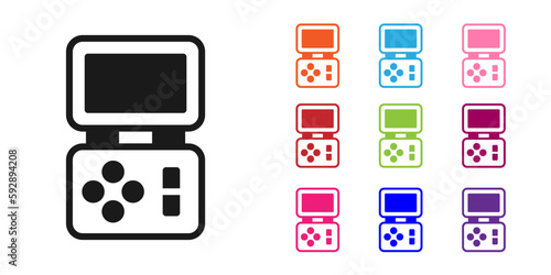 Black Portable tetris electronic game icon isolated on white background. Vintage style pocket brick game. Interactive playing device. Set icons colorful. Vector