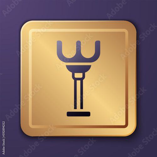 Purple Rake toy icon isolated on purple background. Children toy for beach games. Gold square button. Vector