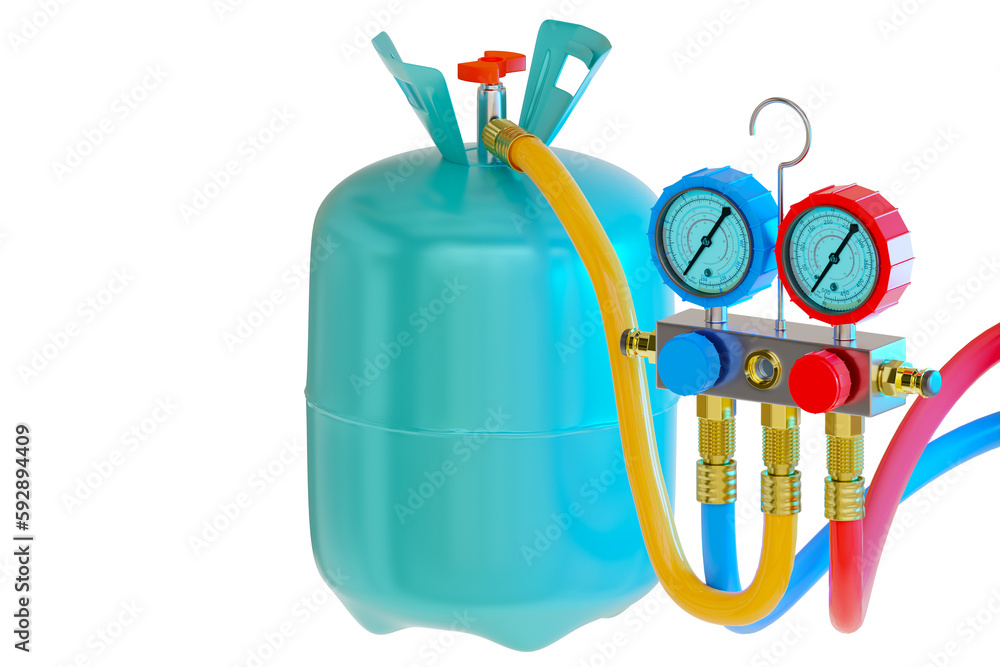 Freon tank. Tank with pressure sensors. Cylinder for refueling air