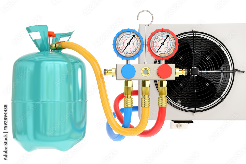 Process of charging air conditioner. Freon balloon and hoses. Tank