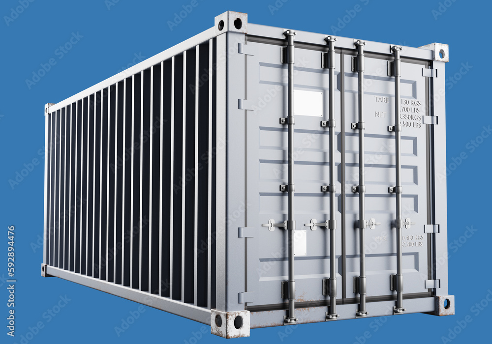 Cargo container. Tare for transporting goods by ocean. Cargo container isolated on blue. Closed container with capacity data. 20th foots tare for transport companies. Cargo logistics. 3d image Cargo container. Tare for transporting goods by ocean. Cargo container isolated on blue. Closed container with capacity data. 20th foots tare for transport companies. Cargo logistics. 3d image