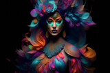 Woman with beautiful exotic look for parade and colorful headdress. Beautiful Woman makeup and feathered dress for party. Generative Ai