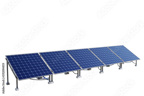 Solar panels. Racks with generators of electricity. Equipment for private power plant. Solar panels on white. Sun traps. Photovoltaic cells for storing electricity. Solar eco panels. 3d image