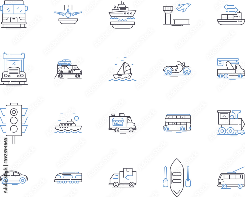 Fototapeta premium Transport and travel outline icons collection. Logistics, Planes, Boats, Trains, Roads, Ridesharing, Buses vector and illustration concept set. Autos, Taxis, Cabs linear signs