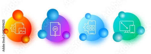 Set of progress icons. Gears, picture, document, magnifying glass, division, phone, program, folder, manitor, graph. The concept of progress.