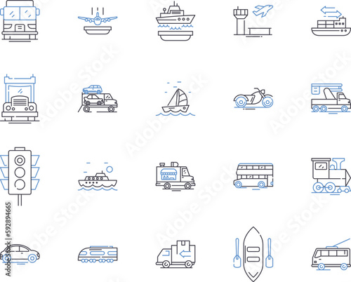 Transport and travel outline icons collection. Logistics, Planes, Boats, Trains, Roads, Ridesharing, Buses vector and illustration concept set. Autos, Taxis, Cabs linear signs