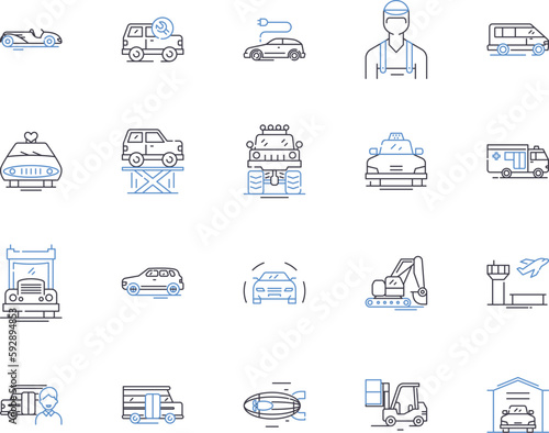 Transport and logistic outline icons collection. Logistics, Shipping, Transport, Delivery, Cargo, Freight, Haulage vector and illustration concept set. Movement, Voyage, Cross-country linear signs