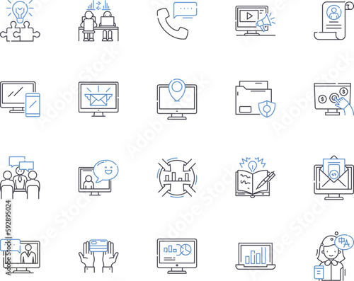 Working business outline icons collection. Operations, Entrepreneur, Strategy, Organization, Processes, Team, Profits vector and illustration concept set. Planning, Structure, Clients linear signs