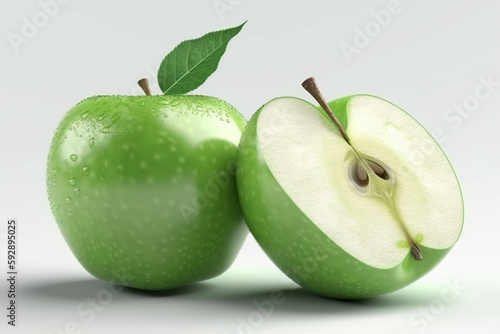 green apples with leaves isolated on white background. 3d illustration