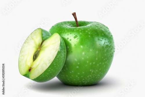 green apples with leaves isolated on white background. 3d illustration