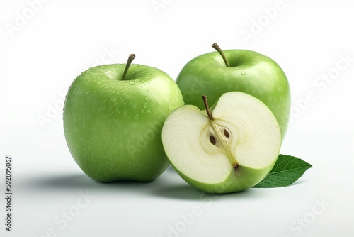 green apples with leaves isolated on white background. 3d illustration