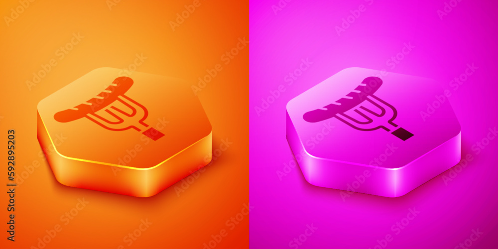 Isometric Sausage on the fork icon isolated on orange and pink background. Grilled sausage and aroma sign. Hexagon button. Vector Isometric Sausage on the fork icon isolated on orange and pink background. Grilled sausage and aroma sign. Hexagon button. Vector