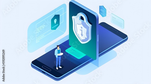 User two-factor authentication technology via mobile phone. Identification human in mobile bank for internet payments or access confidential information. Fintech isometric concept. Digital safety.