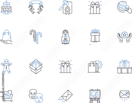 Gifts outline icons collection. Present, Birthday, Souvenir, Keepsake, Offering, Token, Surprise vector and illustration concept set. Trinket, Goody, Glittery linear signs
