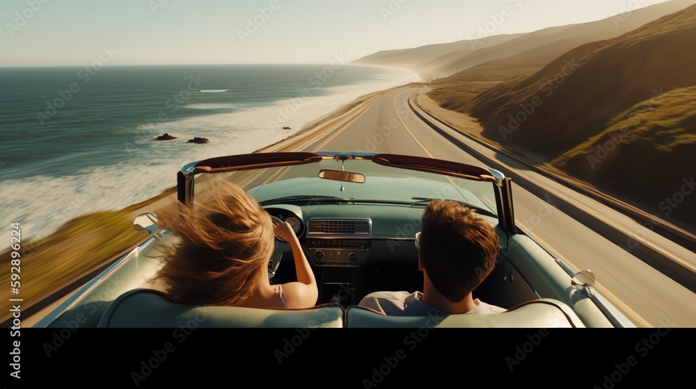 Happy couple in cabriolet on road-trip near the coast - obrazy, fototapety, plakaty 