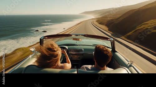 Happy couple in cabriolet on road-trip near the coast photo