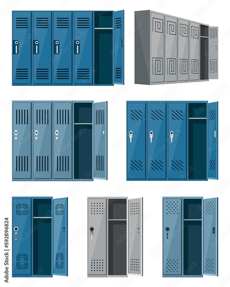 Metal lockers, school changing room steel cupboard. Isolated