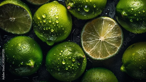 Fresh Lime Seamless Background with Glistening Droplets - Hasselblad Shot, Pro Color Grading, Soft Shadows, and High-End Retouching. Generative AI.