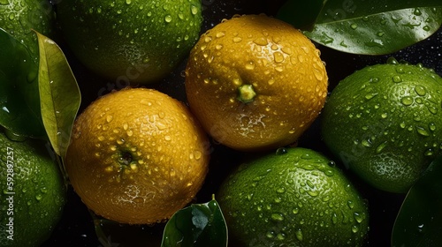 Fresh Limequat Seamless Background with Glistening Droplets - Hasselblad Shot, Pro Color Grading, Soft Shadows, and High-End Retouching. Generative AI.