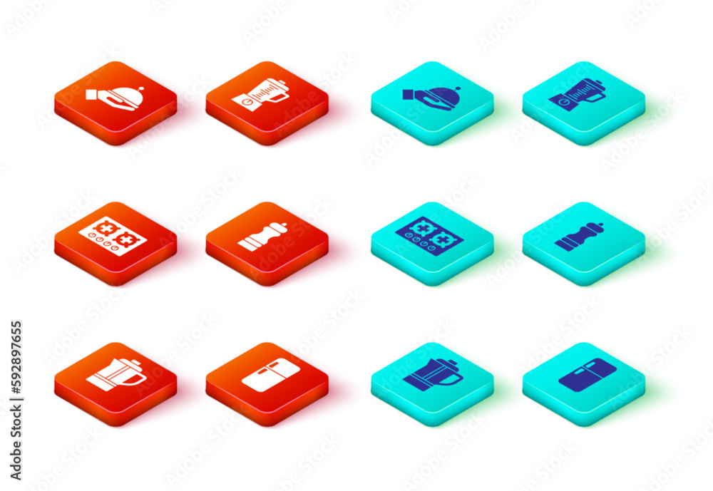 Set Teapot, Refrigerator, Gas stove, Pepper, Blender and Covered with tray icon. Vector Set Teapot, Refrigerator, Gas stove, Pepper, Blender and Covered with tray icon. Vector