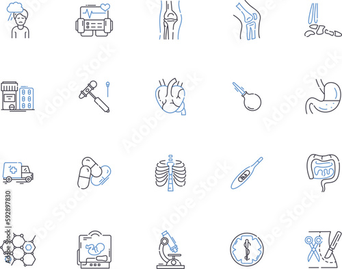 Hospital outline icons collection. Hospital, Clinic, Facility, Care, Treatment, Medicine, Ward vector and illustration concept set. Emergency, Surgery, Illness linear signs