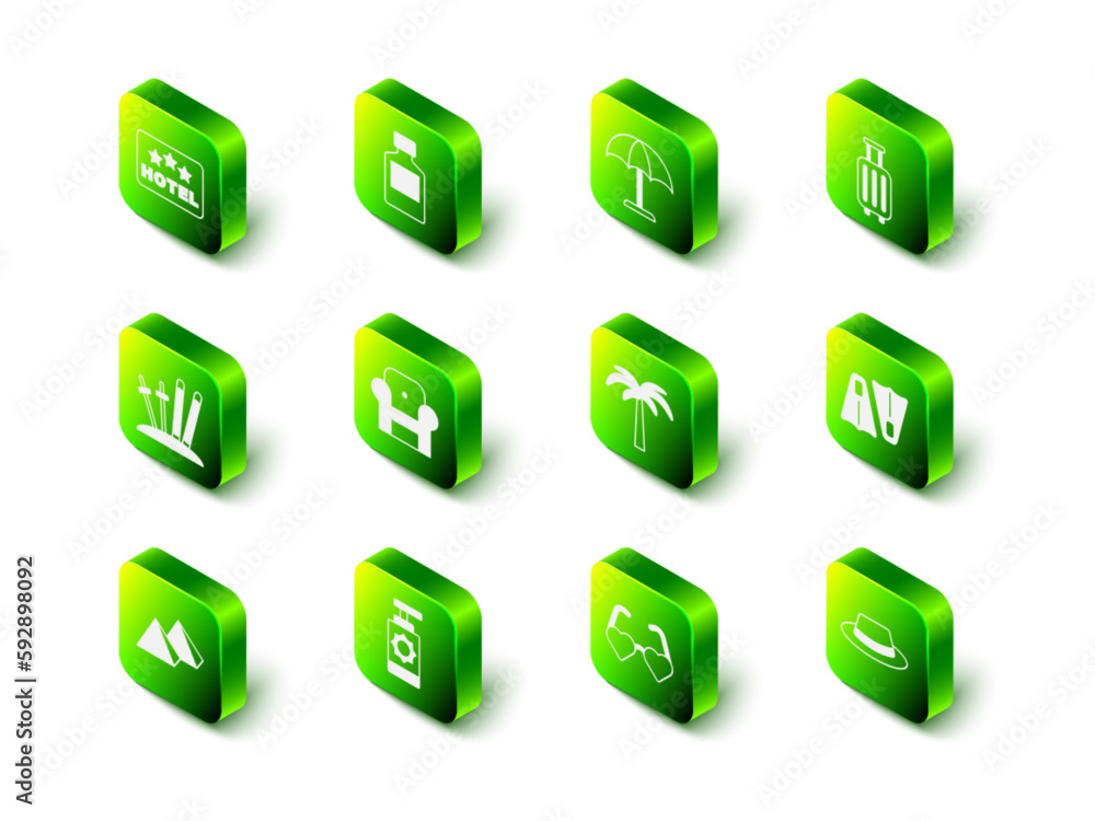 Set Whiskey bottle, Sun protective umbrella, Suitcase, Rubber flippers for swimming, Man hat with ribbon, Tropical palm tree, Heart shaped love glasses and Sunscreen spray icon. Vector Set Whiskey bottle, Sun protective umbrella, Suitcase, Rubber flippers for swimming, Man hat with ribbon, Tropical palm tree, Heart shaped love glasses and Sunscreen spray icon. Vector