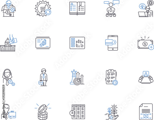 Bank outline icons collection. Loan, Savings, Mortgage, Investment, ATM, Credit, Banking vector and illustration concept set. Interest, Account, Debit linear signs