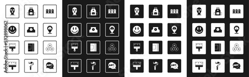 Set Paint spray can, Spray nozzle cap, Smile face, Balaclava, School backpack, and brush icon. Vector