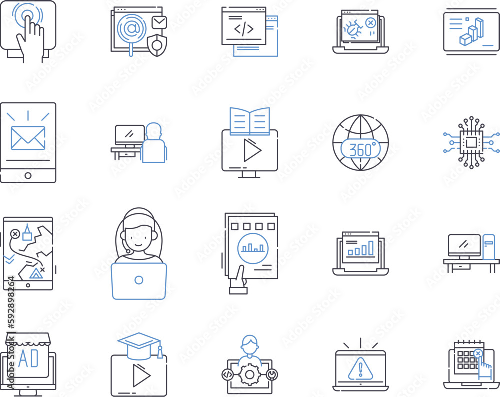 Digital industry outline icons collection. Digital, industry, technology, online, computing, internet, marketing vector and illustration concept set. e-commerce, media, software linear signs