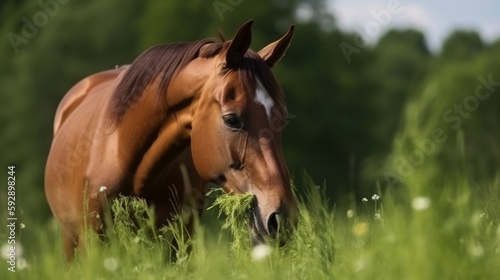 Horse eating green fodder in the farm. Generative AI