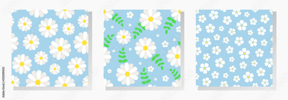 White chamomiles and daisy flowers with green leaves. Floral vector seamless patterns collection. Best for textile, wallpapers, wrapping paper, package and home decoration.